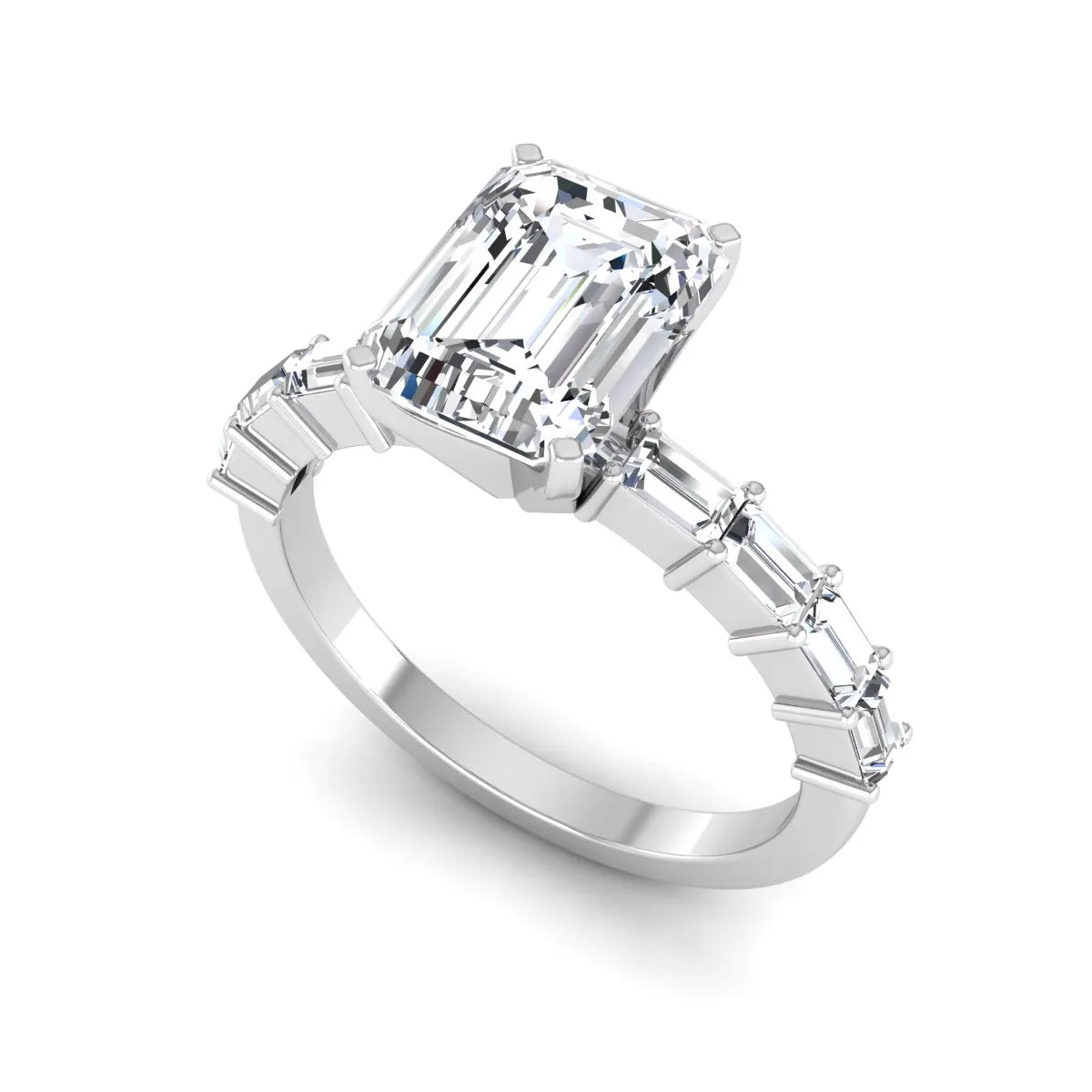 Emerald cut lab grown diamond engagement ring with baguette side diamonds in a four-prong solitaire accent setting and white gold tone band.
