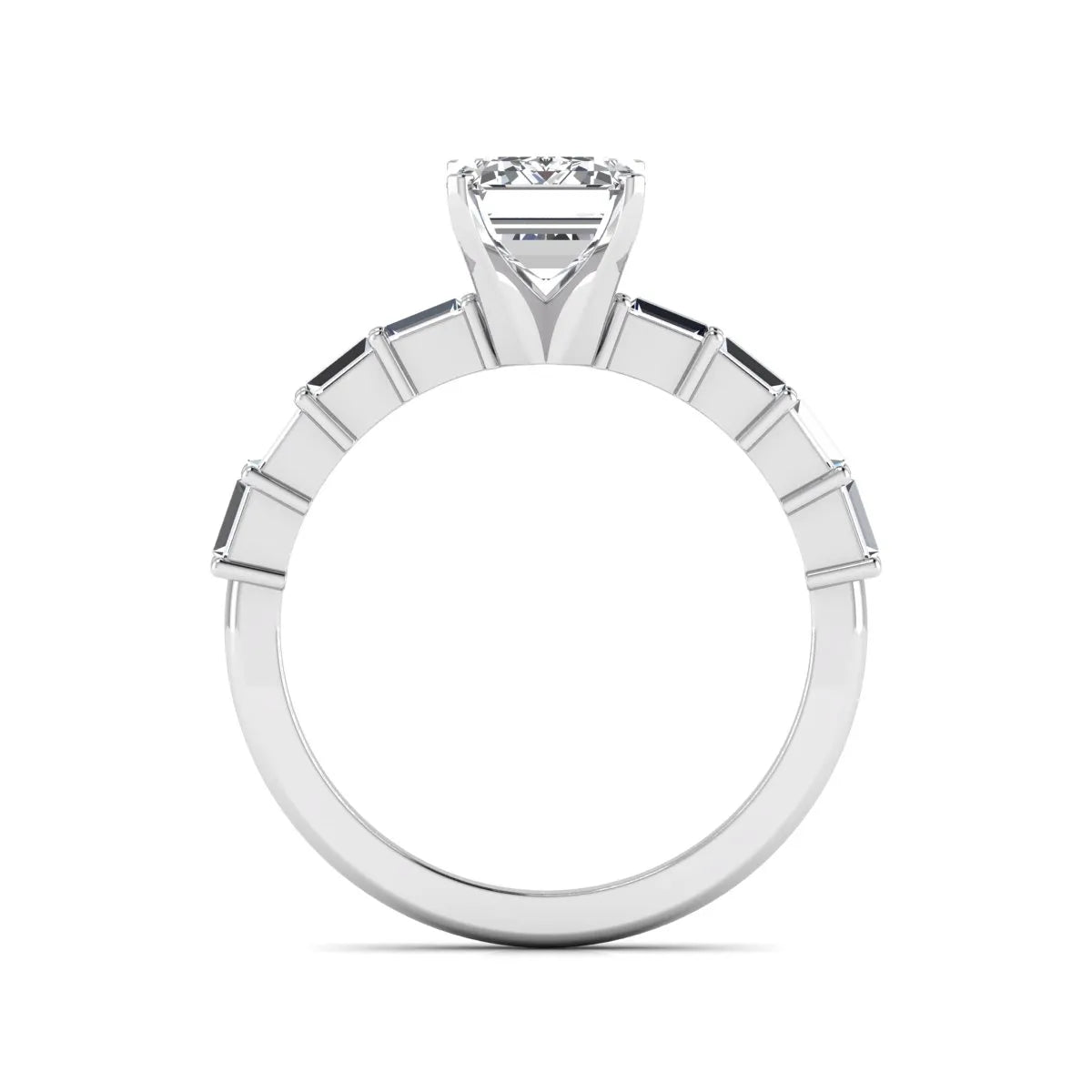Emerald cut lab grown diamond engagement ring with baguette side diamonds in a four-prong solitaire accent setting and white gold tone band.