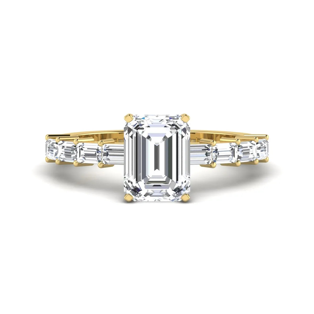 Emerald cut lab grown diamond engagement ring with baguette side diamonds in a four-prong solitaire accent setting and yellow gold tone band.