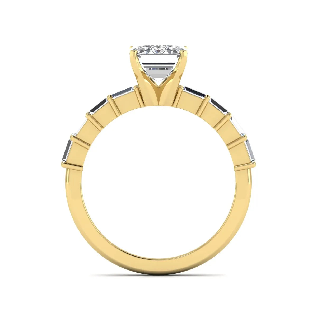 Emerald cut lab grown diamond engagement ring with baguette side diamonds in a four-prong solitaire accent setting and yellow gold tone band.