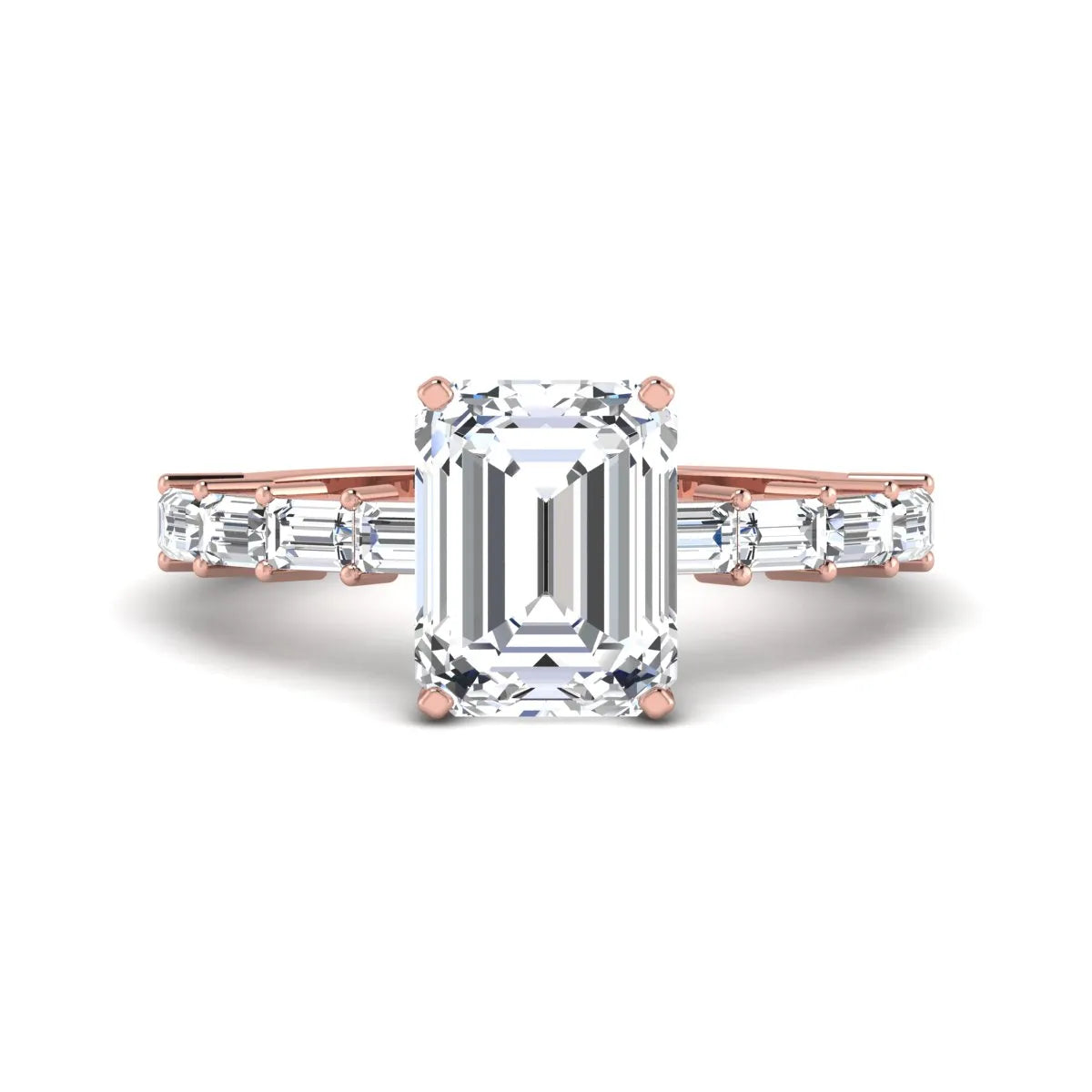 Emerald cut lab grown diamond engagement ring with baguette side diamonds in a four-prong solitaire accent setting and rose gold tone band.