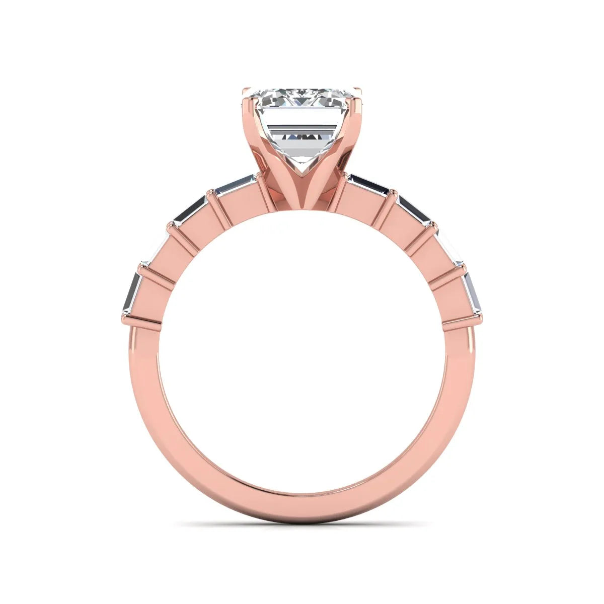 Emerald cut lab grown diamond engagement ring with baguette side diamonds in a four-prong solitaire accent setting and rose gold tone band.
