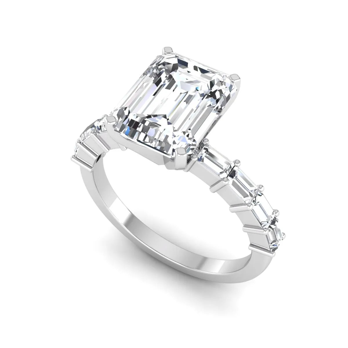 Emerald cut lab grown diamond engagement ring with baguette side diamonds in a four-prong solitaire accent setting and white gold tone band.