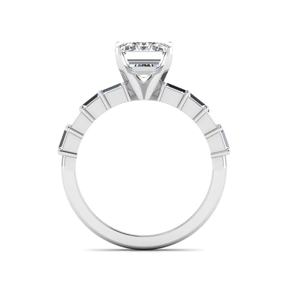 Emerald cut lab grown diamond engagement ring with baguette side diamonds in a four-prong solitaire accent setting and white gold tone band.