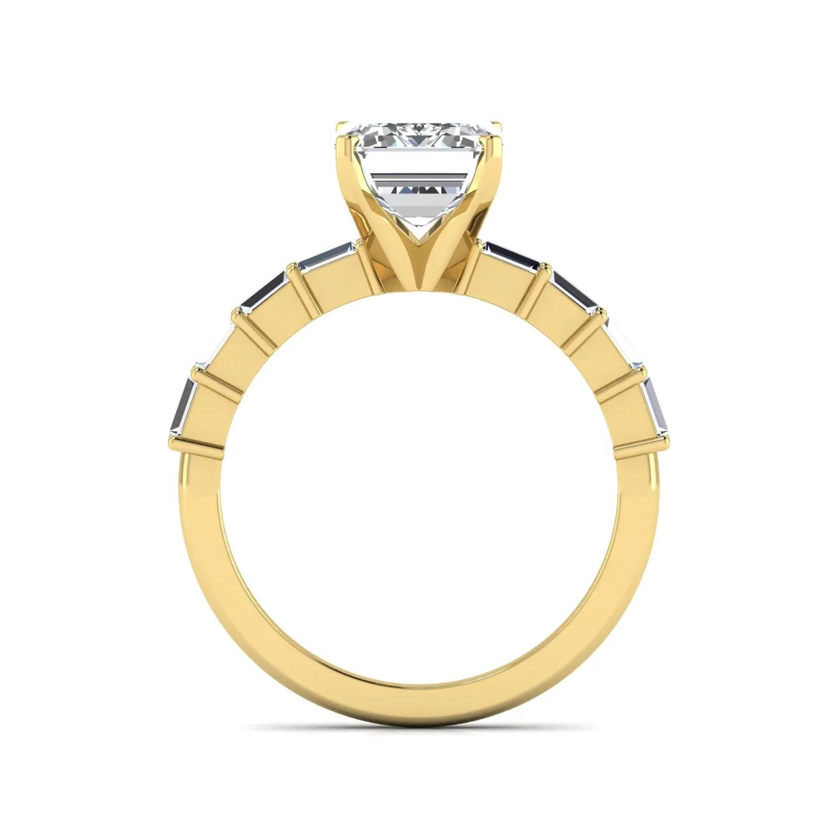 Emerald cut lab grown diamond engagement ring with baguette side diamonds in a four-prong solitaire accent setting and yellow gold tone band.
