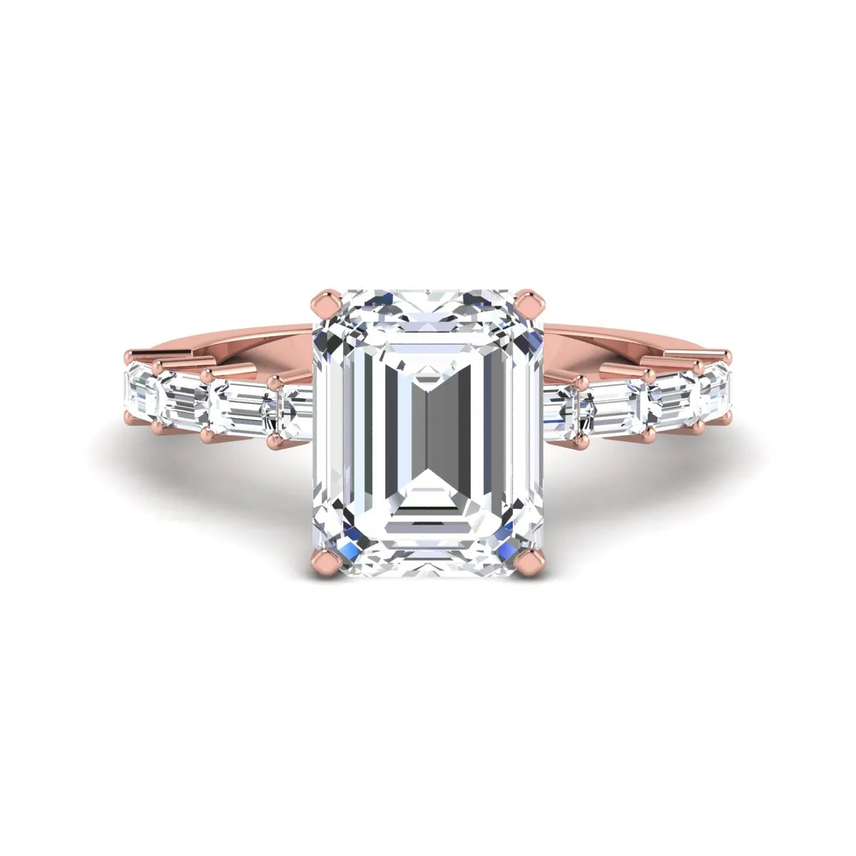 Emerald cut lab grown diamond engagement ring with baguette side diamonds in a four-prong solitaire accent setting and rose gold tone band.