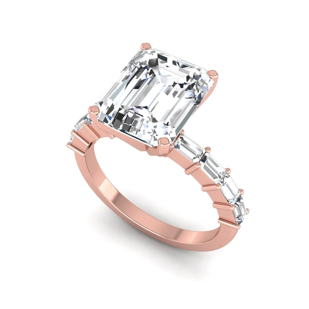 Emerald cut lab grown diamond engagement ring with baguette side diamonds in a four-prong solitaire accent setting and rose gold tone band.