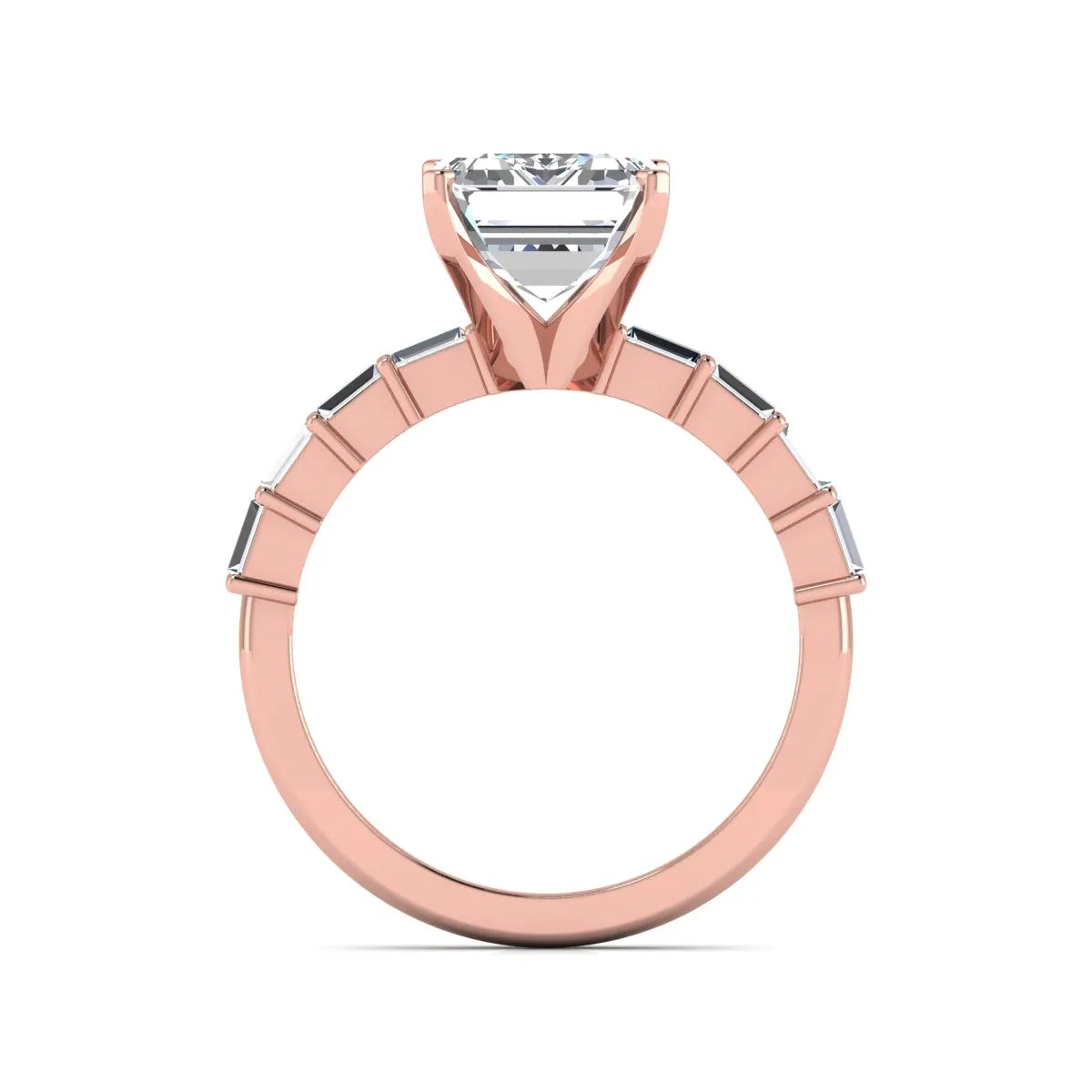 Emerald cut lab grown diamond engagement ring with baguette side diamonds in a four-prong solitaire accent setting and rose gold tone band.