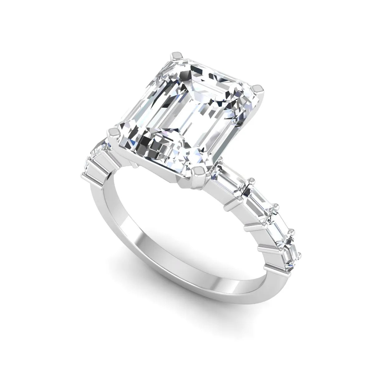 Emerald cut lab grown diamond engagement ring with baguette side diamonds in a four-prong solitaire accent setting and white gold tone band.
