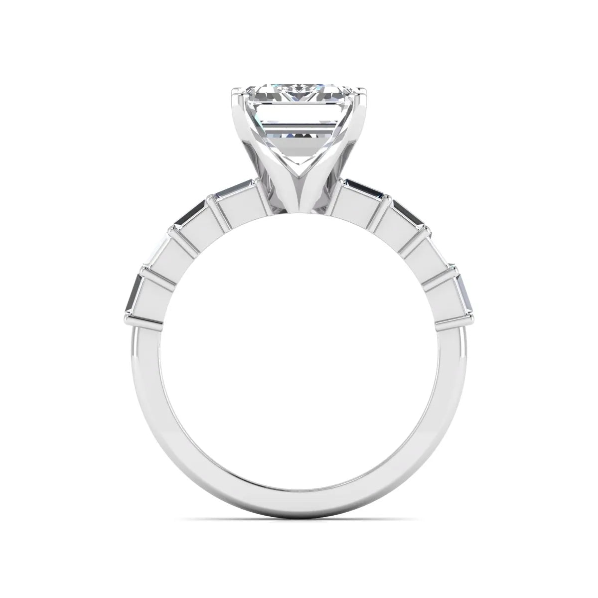 Emerald cut lab grown diamond engagement ring with baguette side diamonds in a four-prong solitaire accent setting and white gold tone band.