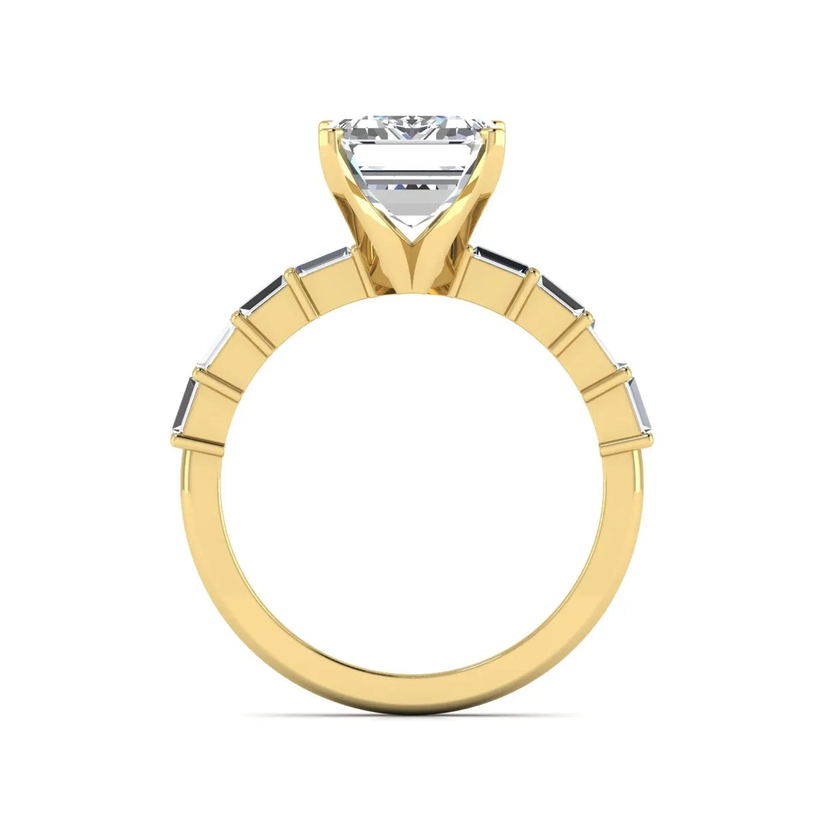 Emerald cut lab grown diamond engagement ring with baguette side diamonds in a four-prong solitaire accent setting and yellow gold tone band.
