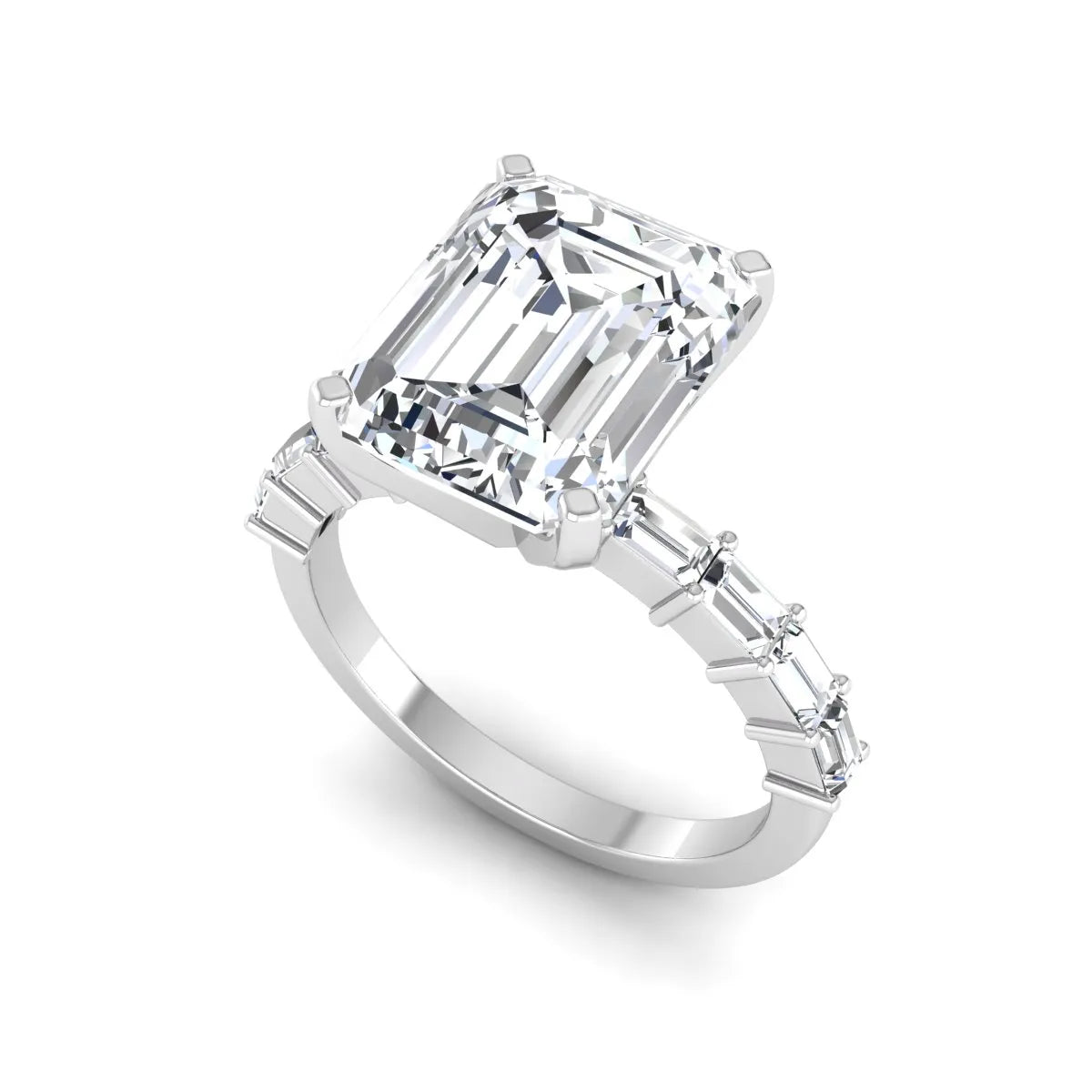 Emerald cut lab grown diamond engagement ring with baguette side diamonds in a four-prong solitaire accent setting and white gold tone band.
