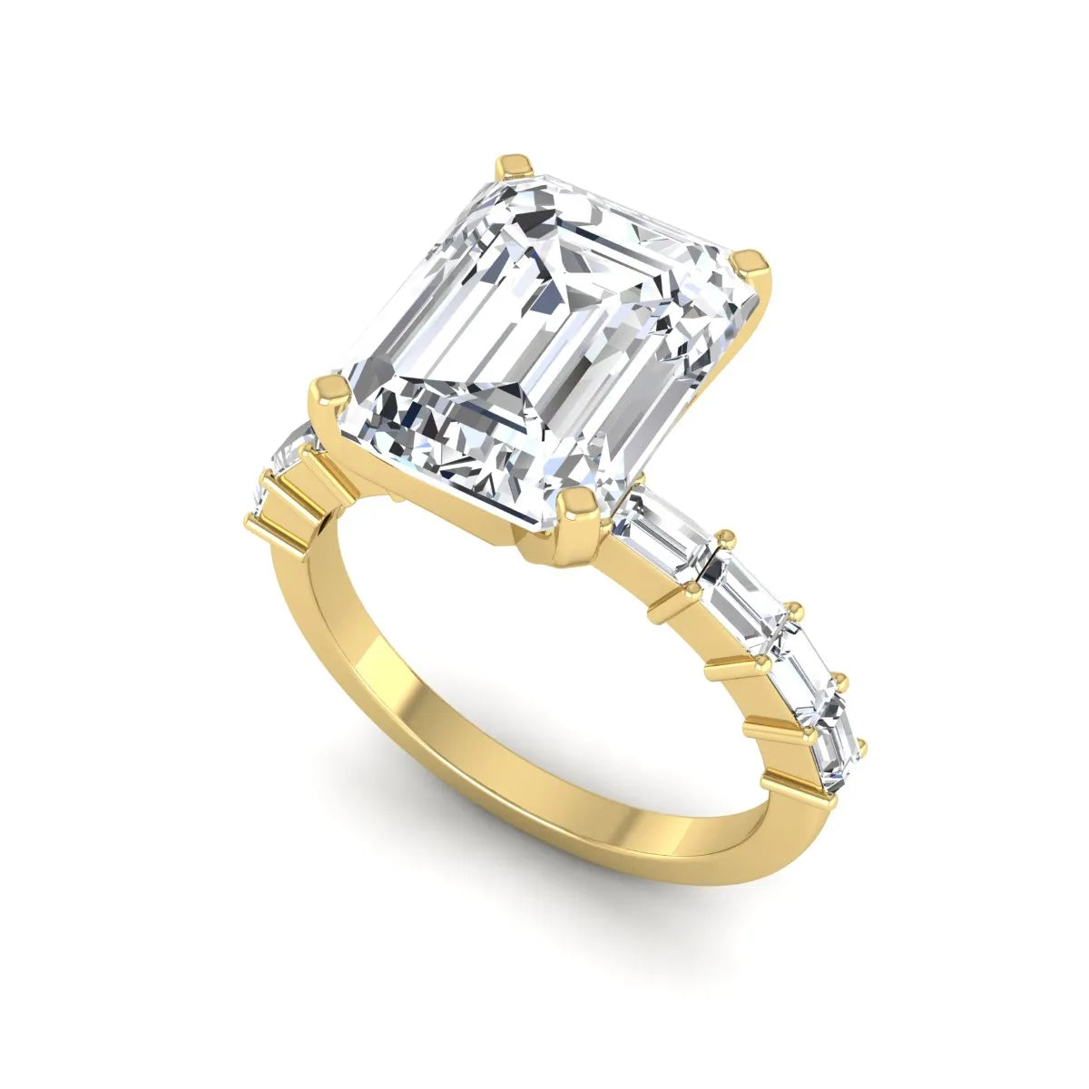 Emerald cut lab grown diamond engagement ring with baguette side diamonds in a four-prong solitaire accent setting and yellow gold tone band.
