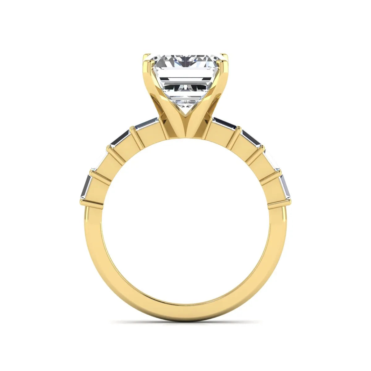 Emerald cut lab grown diamond engagement ring with baguette side diamonds in a four-prong solitaire accent setting and yellow gold tone band.