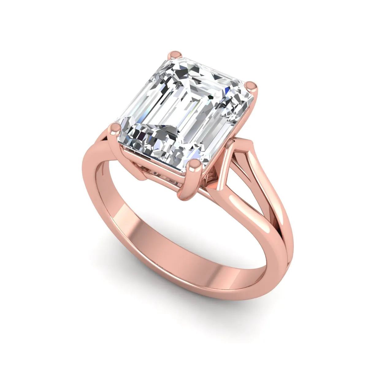 Emerald cut lab grown diamond solitaire engagement ring featuring a four-prong cathedral setting with sculpted split cathedral shoulders in a rose gold finish.