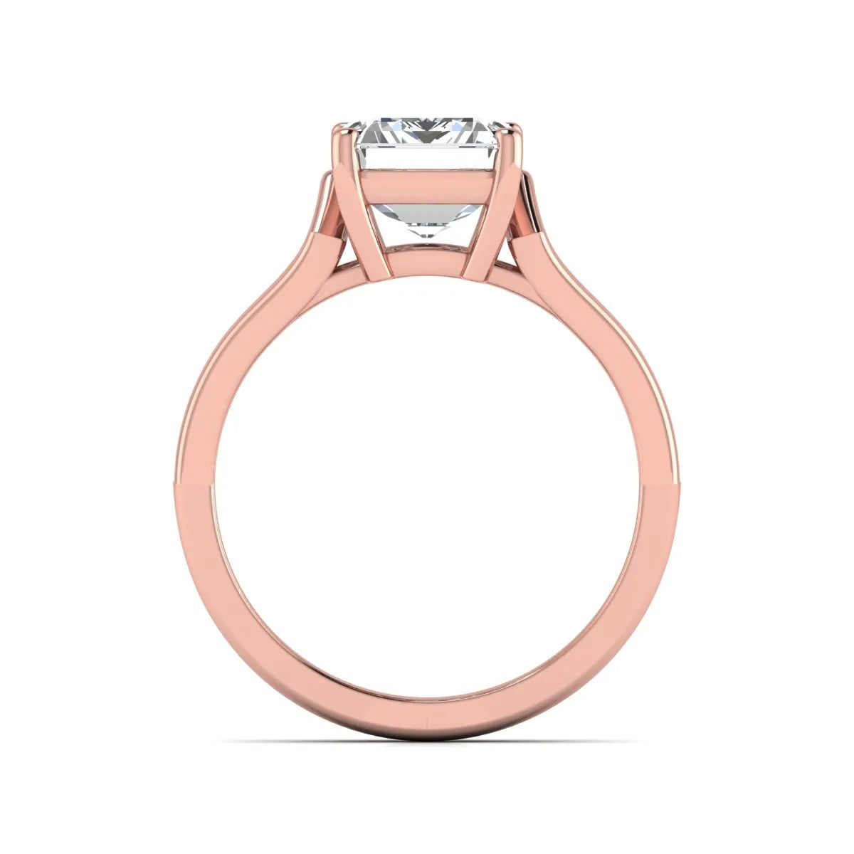 Emerald cut lab grown diamond solitaire engagement ring featuring a four-prong cathedral setting with sculpted split cathedral shoulders in a rose gold finish.