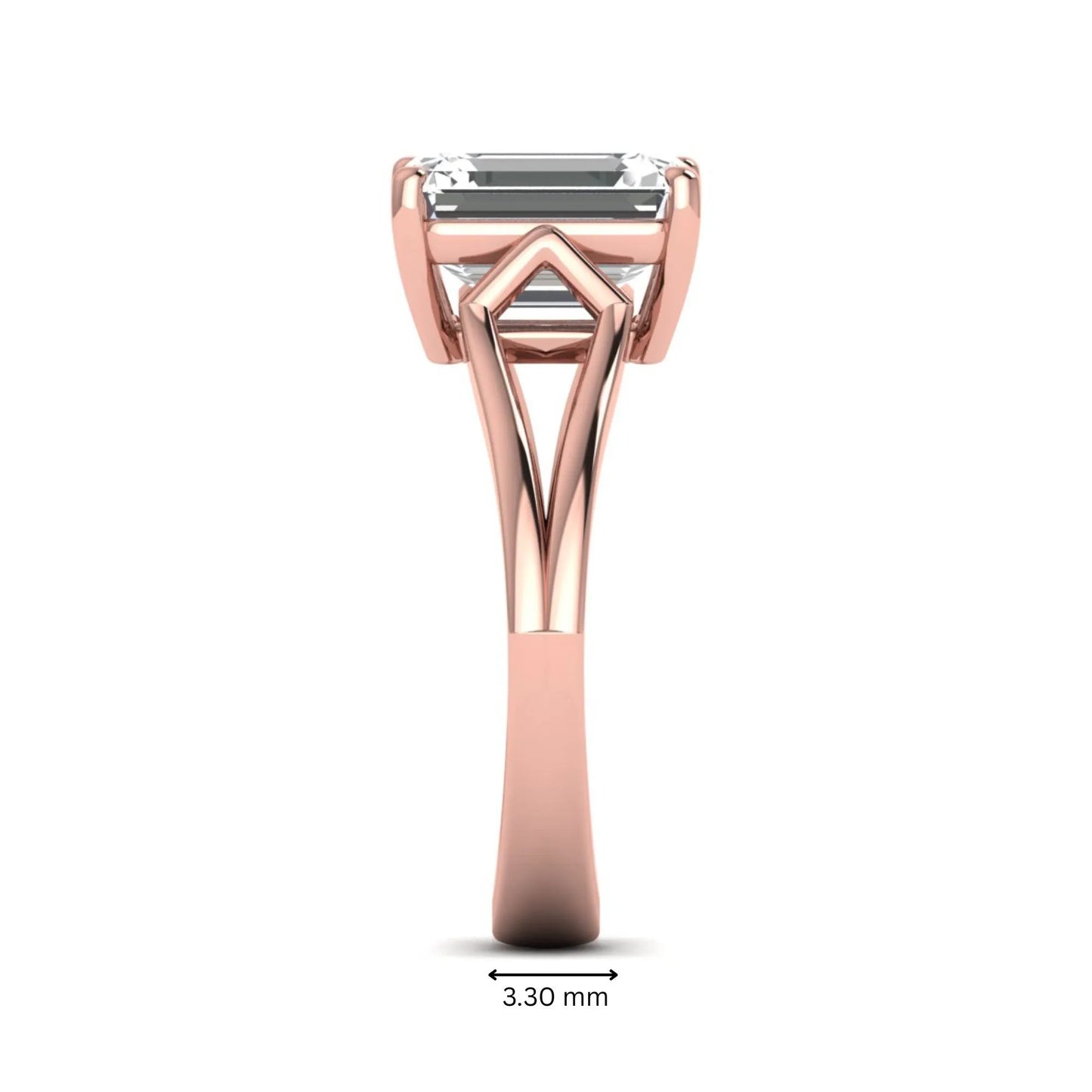 Emerald cut lab grown diamond solitaire engagement ring featuring a four-prong cathedral setting with sculpted split cathedral shoulders in a rose gold finish.