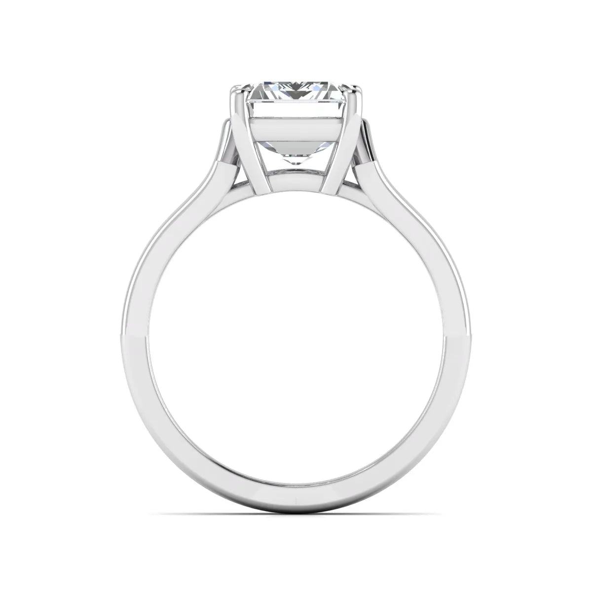 Emerald cut lab grown diamond solitaire engagement ring featuring a four-prong cathedral setting with sculpted split cathedral shoulders in a white gold finish.