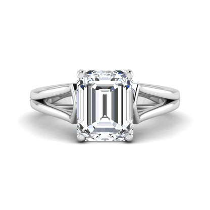 Emerald cut lab grown diamond solitaire engagement ring featuring a four-prong cathedral setting with sculpted split cathedral shoulders in a white gold finish.