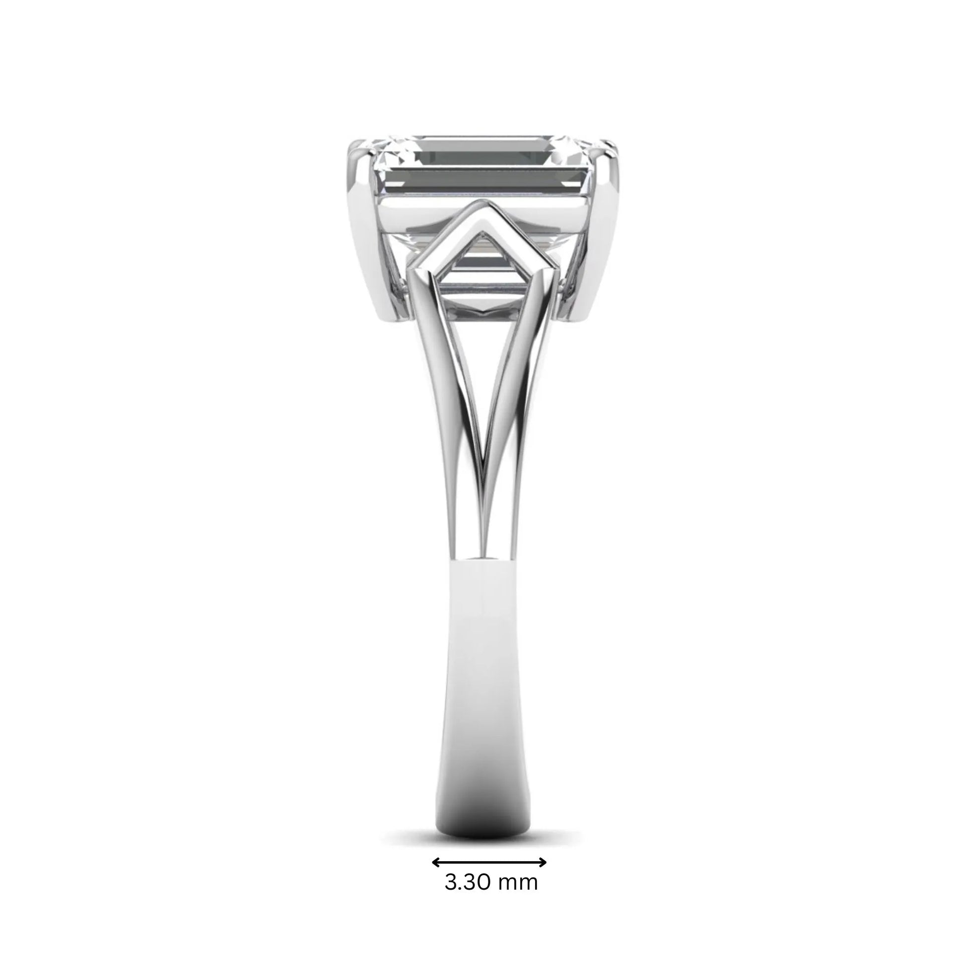 Emerald cut lab grown diamond solitaire engagement ring featuring a four-prong cathedral setting with sculpted split cathedral shoulders in a white gold finish.