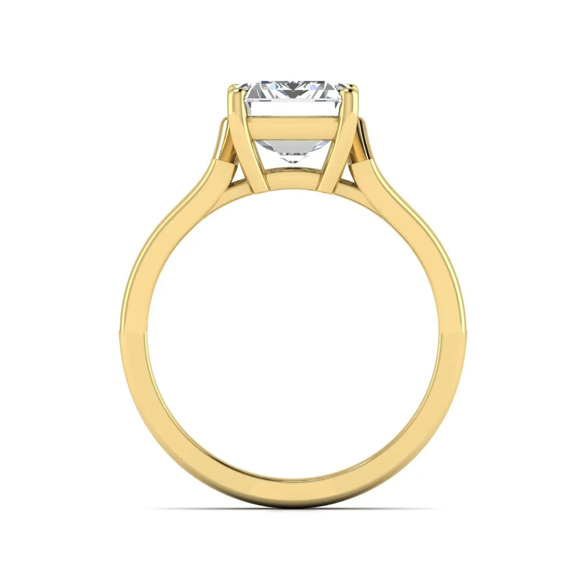 Emerald cut lab grown diamond solitaire engagement ring featuring a four-prong cathedral setting with sculpted split cathedral shoulders in a yellow gold finish.