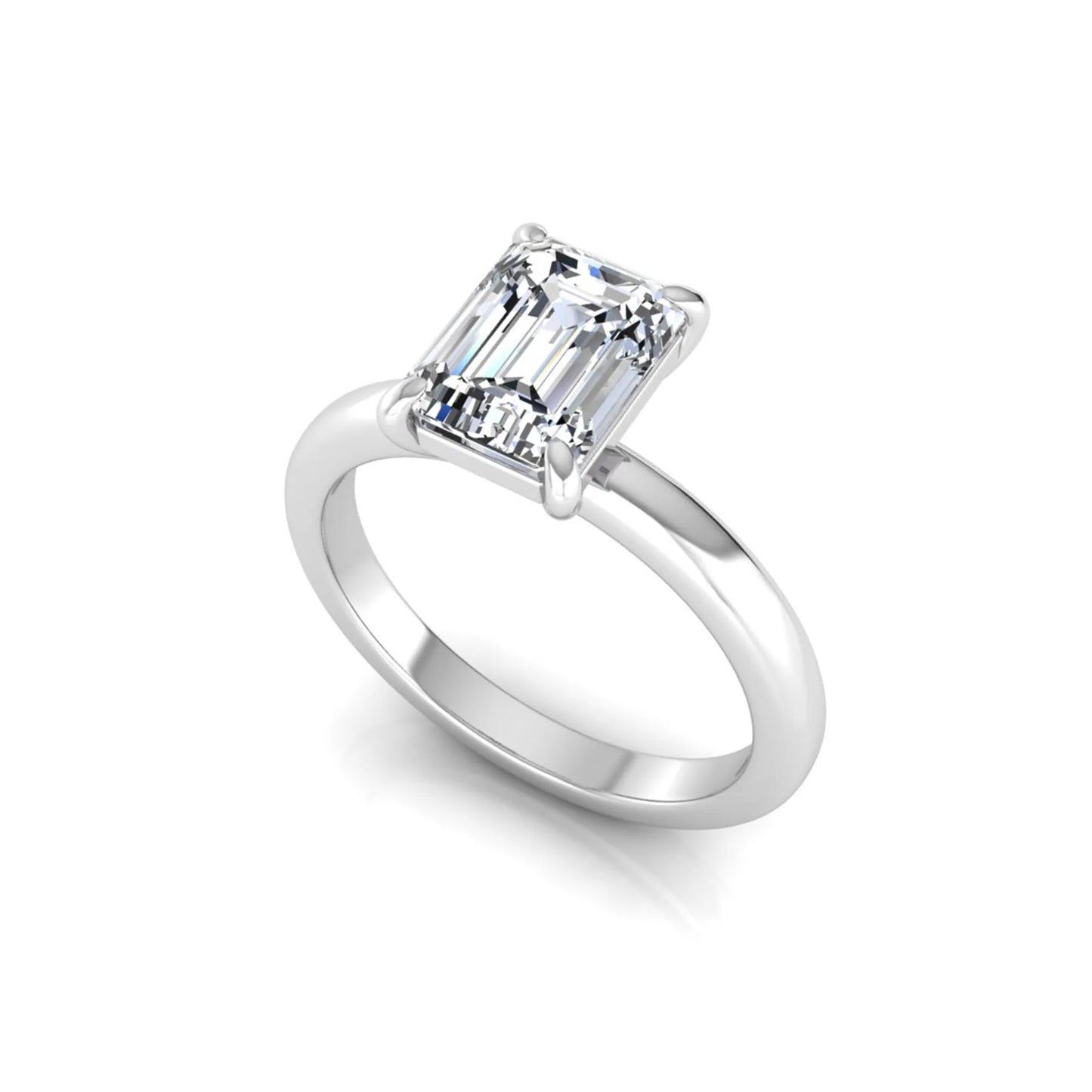 Emerald cut lab grown diamond solitaire engagement ring featuring an IGI certified center diamond in a classic four-prong setting with a polished band in white gold