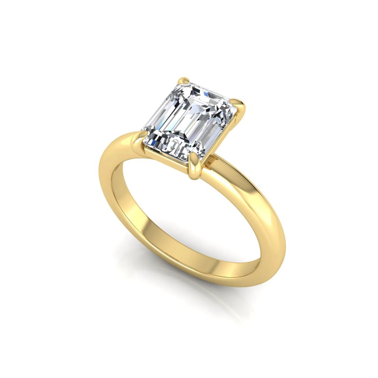 Emerald cut lab grown diamond solitaire engagement ring featuring an IGI certified center diamond in a classic four-prong setting with a polished band in yellow gold