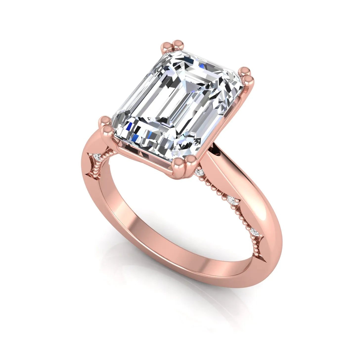 Emerald cut lab grown diamond engagement ring featuring a 3.01 carat IGI certified center diamond in a four-prong solitaire setting with hidden round diamond accents beneath the gallery and a polished rose gold band.