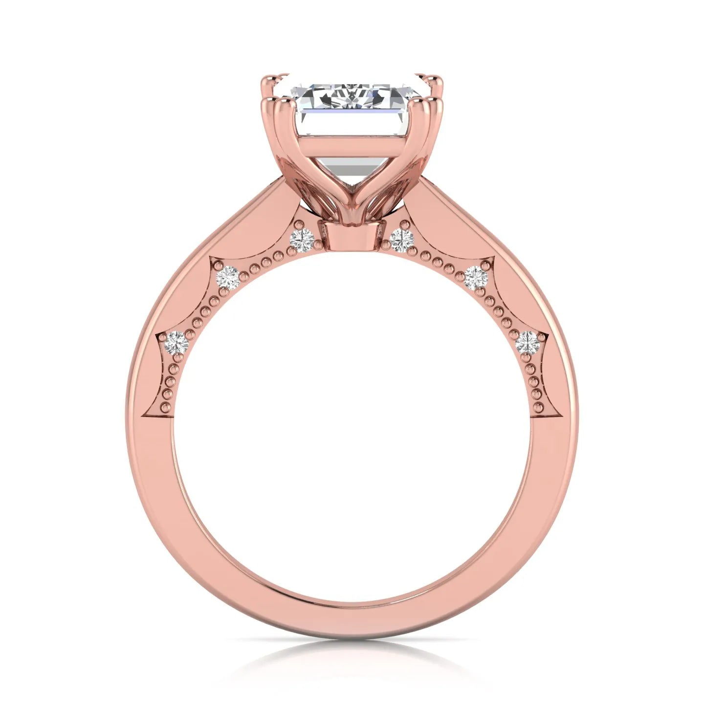 Emerald cut lab grown diamond engagement ring featuring a 3.01 carat IGI certified center diamond in a four-prong solitaire setting with hidden round diamond accents beneath the gallery and a polished rose gold band.