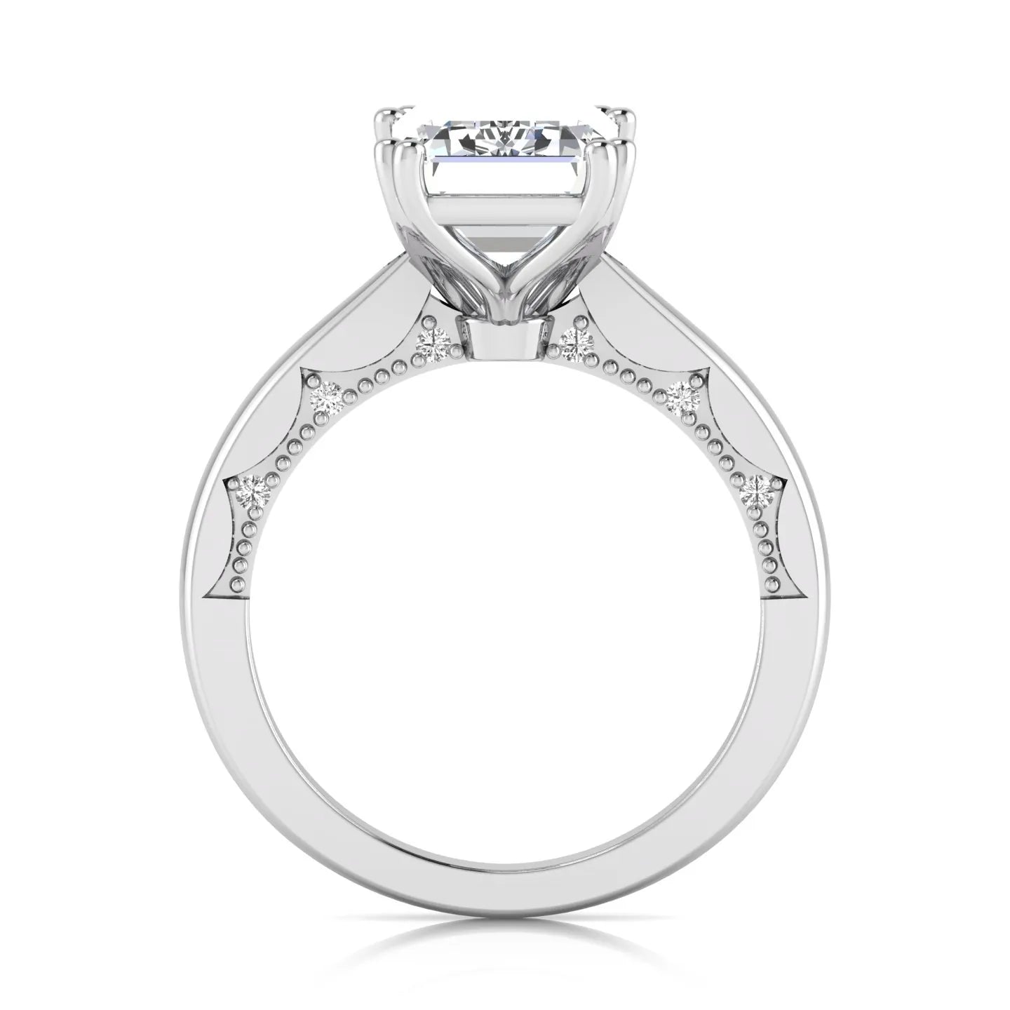 Emerald cut lab grown diamond engagement ring featuring a 3.01 carat IGI certified center diamond in a four-prong solitaire setting with hidden round diamond accents beneath the gallery and a polished white gold band.