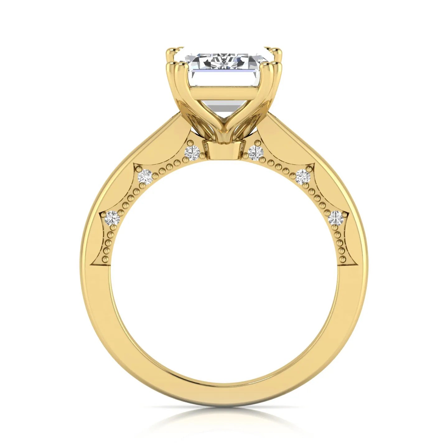 Emerald cut lab grown diamond engagement ring featuring a 3.01 carat IGI certified center diamond in a four-prong solitaire setting with hidden round diamond accents beneath the gallery and a polished yellow gold band.