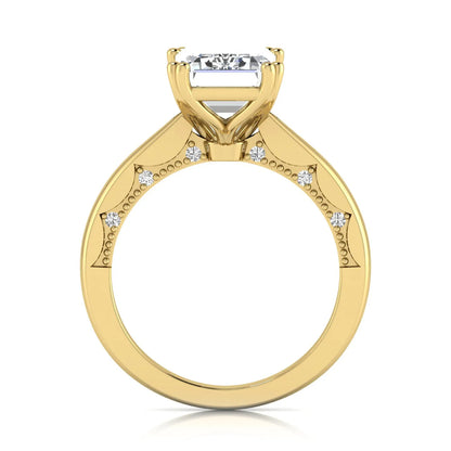 Emerald cut lab grown diamond engagement ring featuring a 3.01 carat IGI certified center diamond in a four-prong solitaire setting with hidden round diamond accents beneath the gallery and a polished yellow gold band.