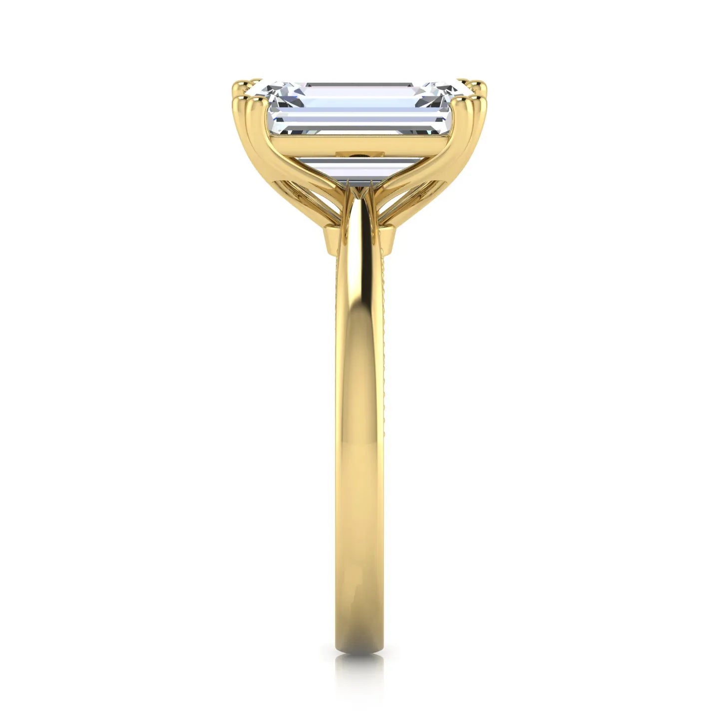 Emerald cut lab grown diamond engagement ring featuring a 3.01 carat IGI certified center diamond in a four-prong solitaire setting with hidden round diamond accents beneath the gallery and a polished yellow gold band.