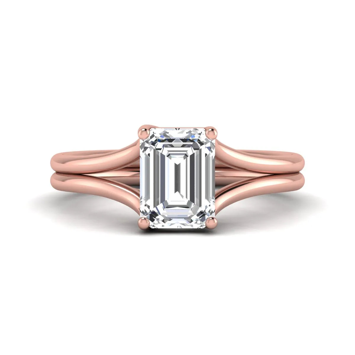 IGI certified 1.75 carat emerald cut lab grown diamond solitaire engagement ring with elegant split shank in rose gold.
