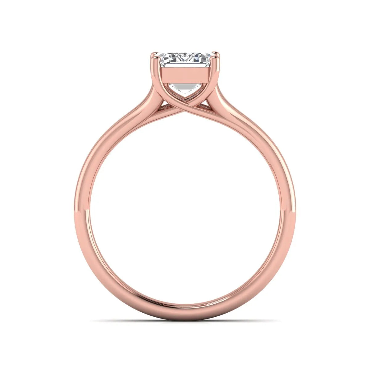 IGI certified 1.75 carat emerald cut lab grown diamond solitaire engagement ring with elegant split shank in rose gold.