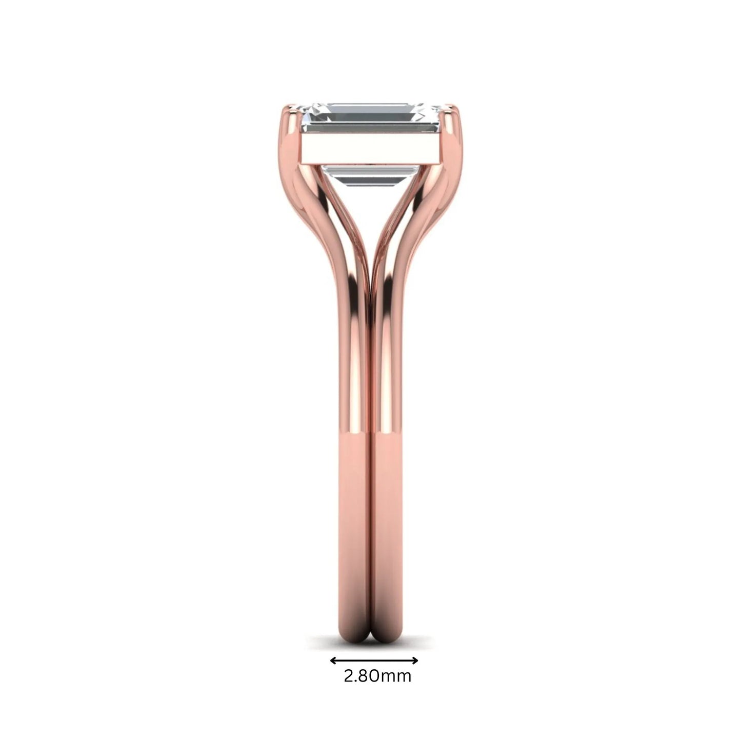 IGI certified 1.75 carat emerald cut lab grown diamond solitaire engagement ring with elegant split shank in rose gold.