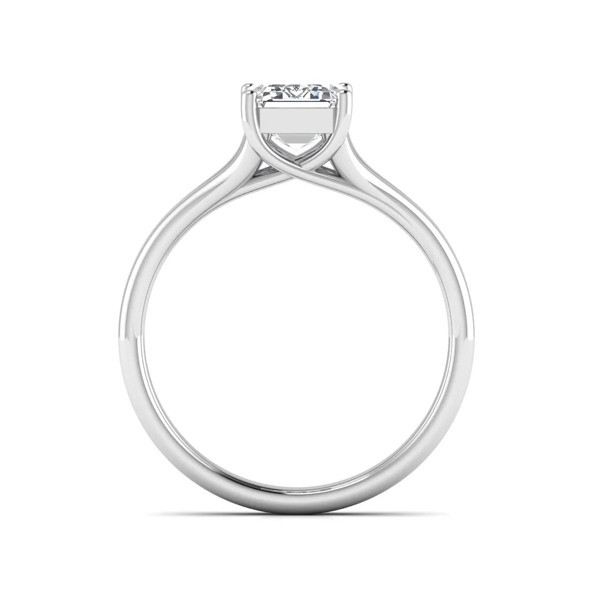 IGI certified 1.75 carat emerald cut lab grown diamond solitaire engagement ring with elegant split shank in white gold.