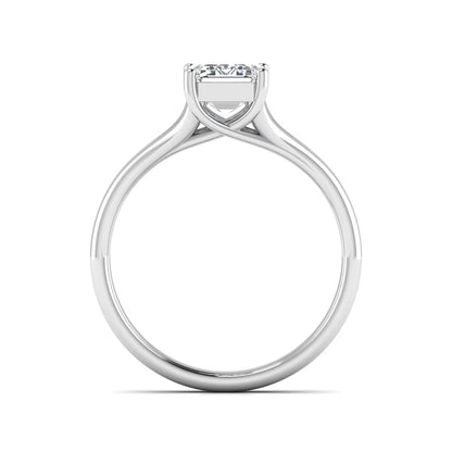 IGI certified 1.75 carat emerald cut lab grown diamond solitaire engagement ring with elegant split shank in white gold.