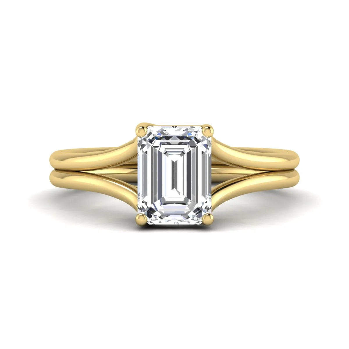 IGI certified 1.75 carat emerald cut lab grown diamond solitaire engagement ring with elegant split shank in yellow gold.