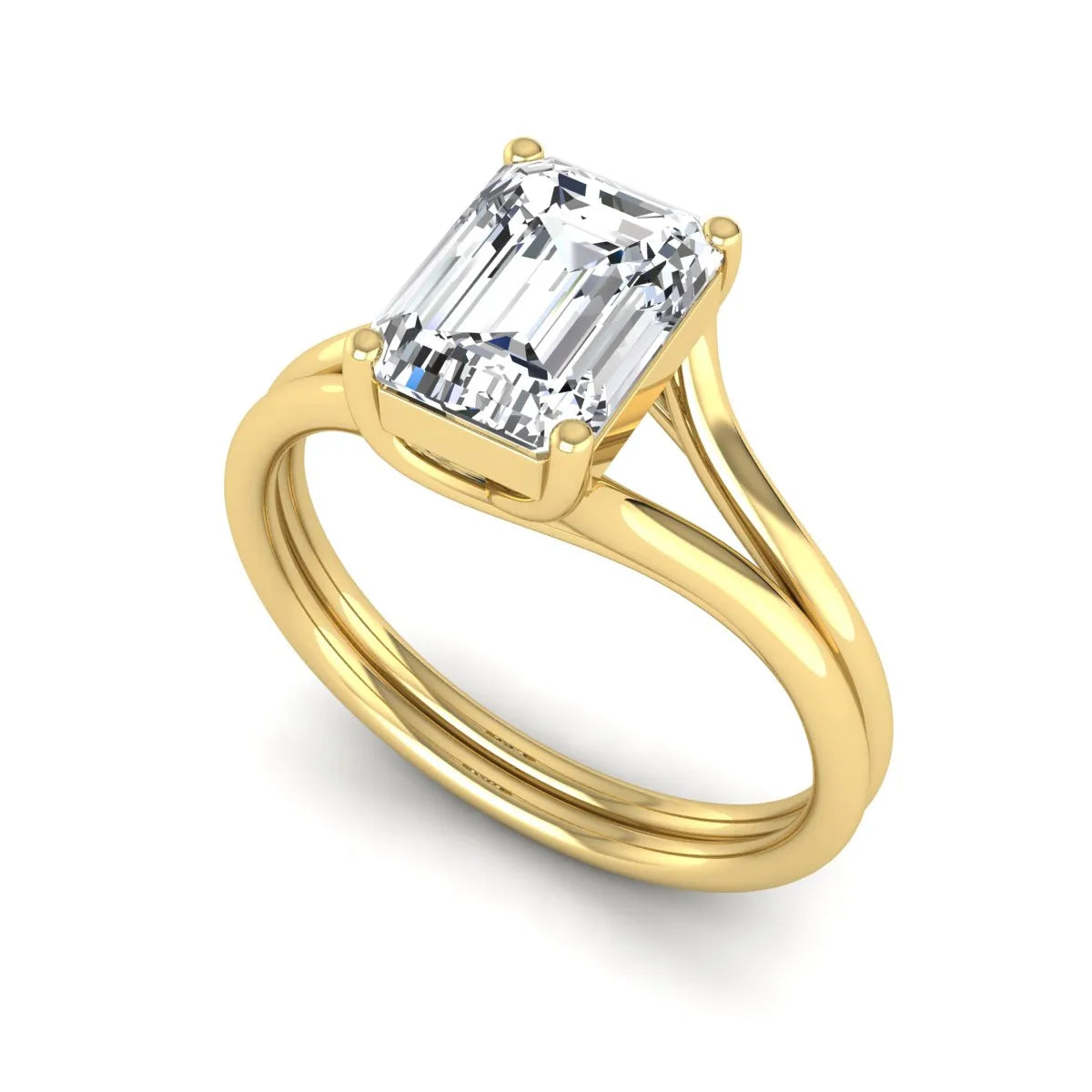 IGI certified 1.75 carat emerald cut lab grown diamond solitaire engagement ring with elegant split shank in yellow gold.