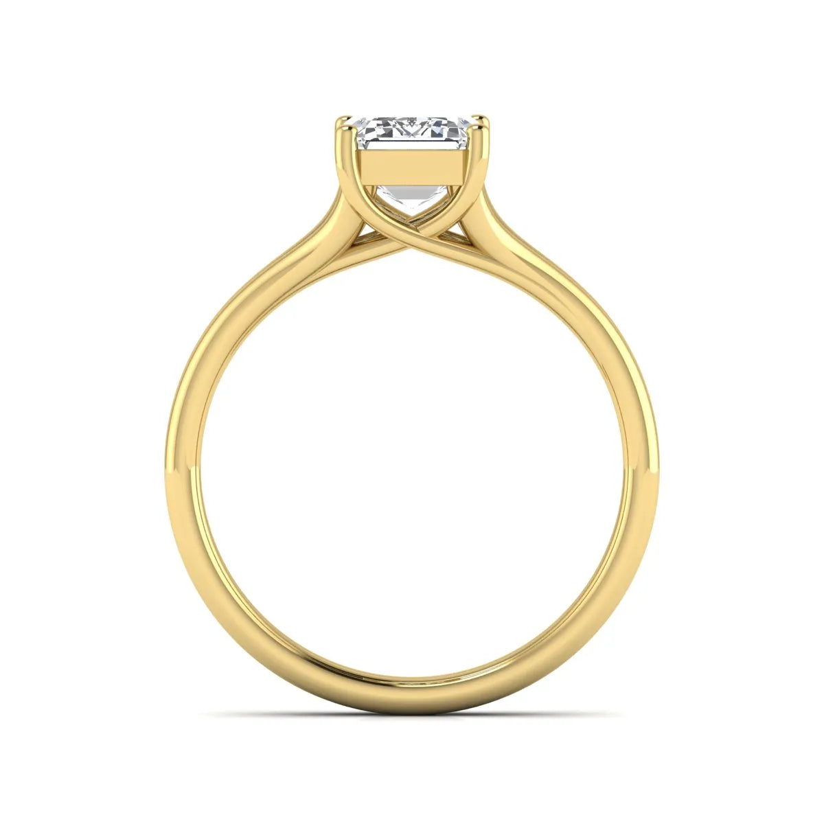 IGI certified 1.75 carat emerald cut lab grown diamond solitaire engagement ring with elegant split shank in yellow gold.