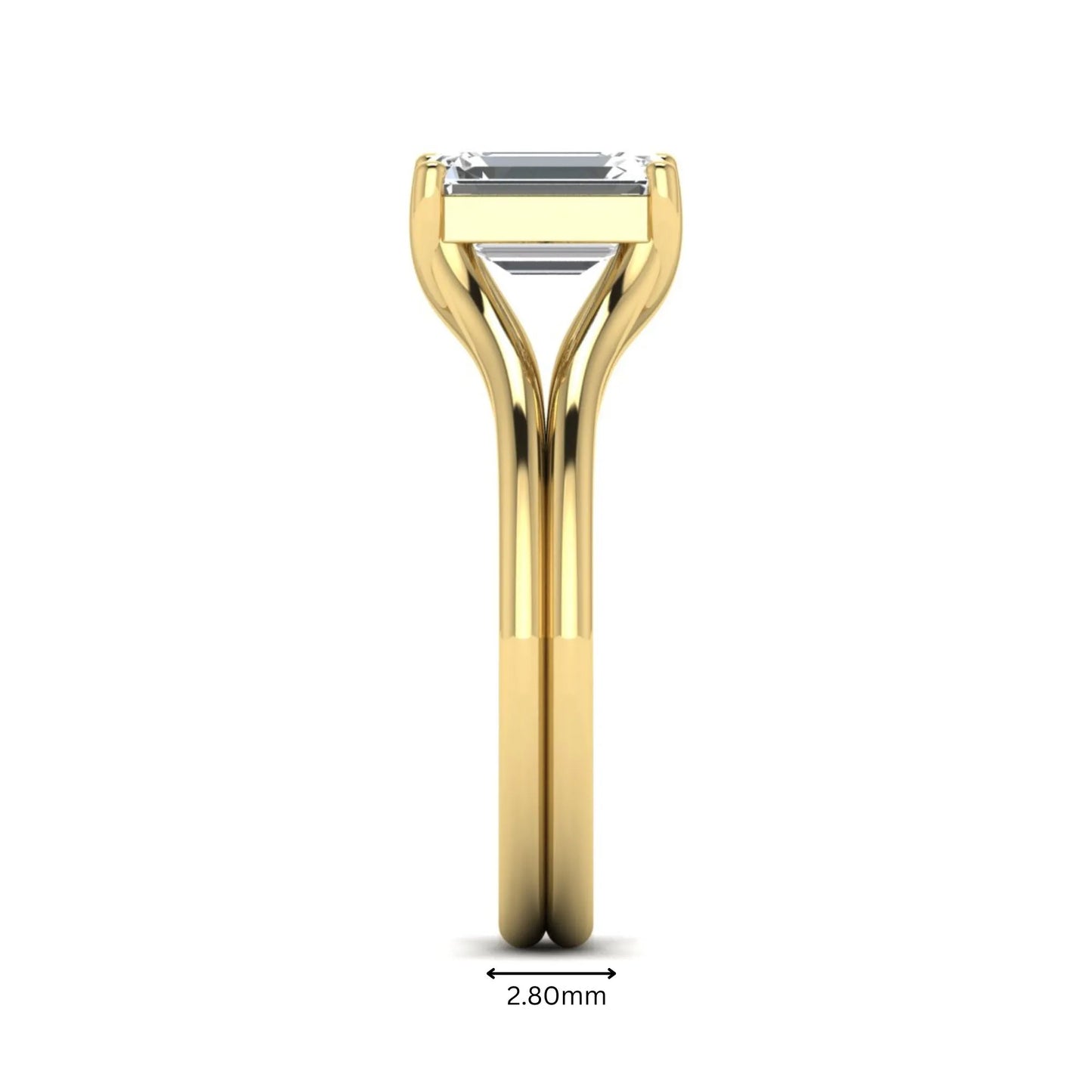 IGI certified 1.75 carat emerald cut lab grown diamond solitaire engagement ring with elegant split shank in yellow gold.