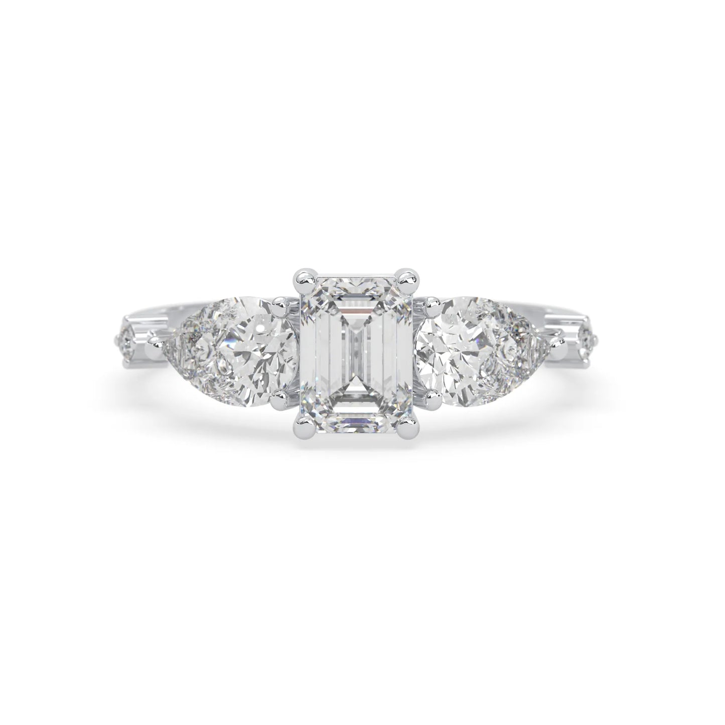 Emerald cut lab grown diamond engagement ring with pear and round diamond three stone design in white gold
