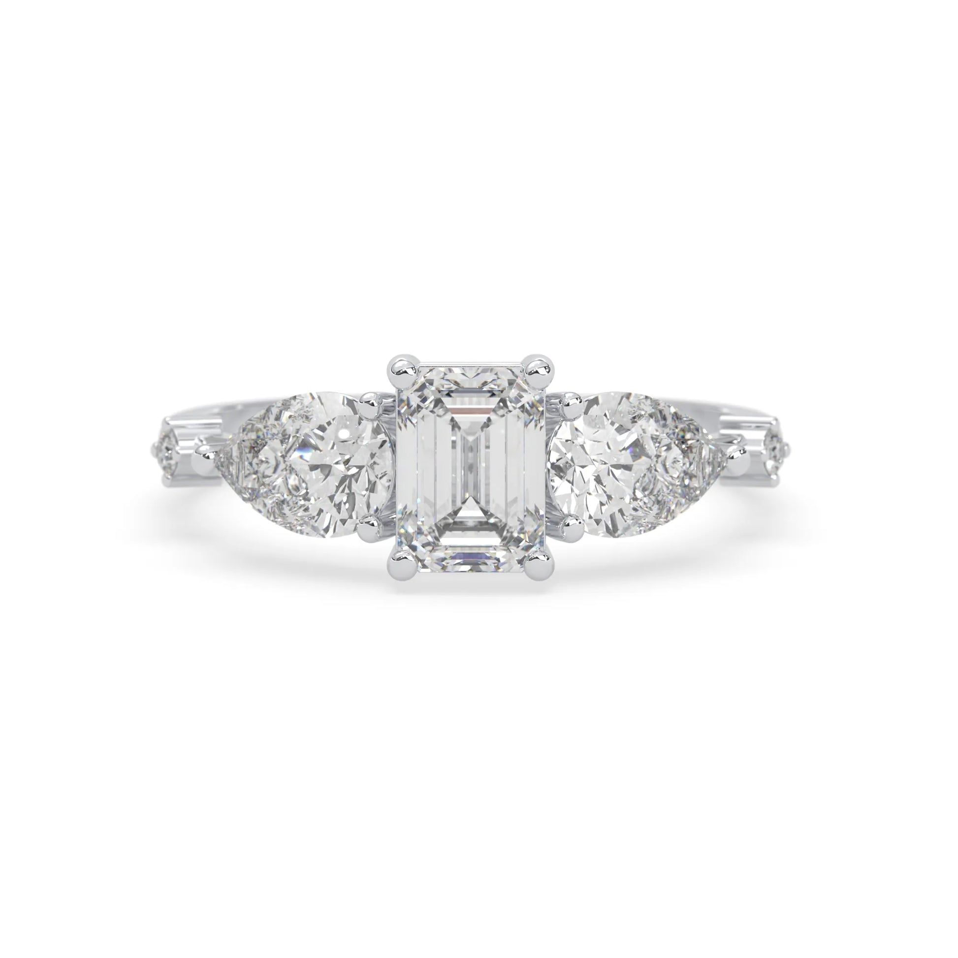 Emerald cut lab grown diamond engagement ring with pear and round diamond three stone design in white gold