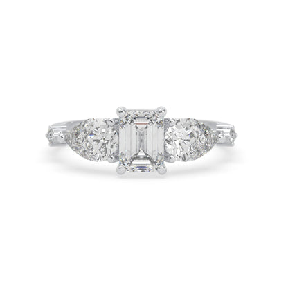 Emerald cut lab grown diamond engagement ring with pear and round diamond three stone design in white gold