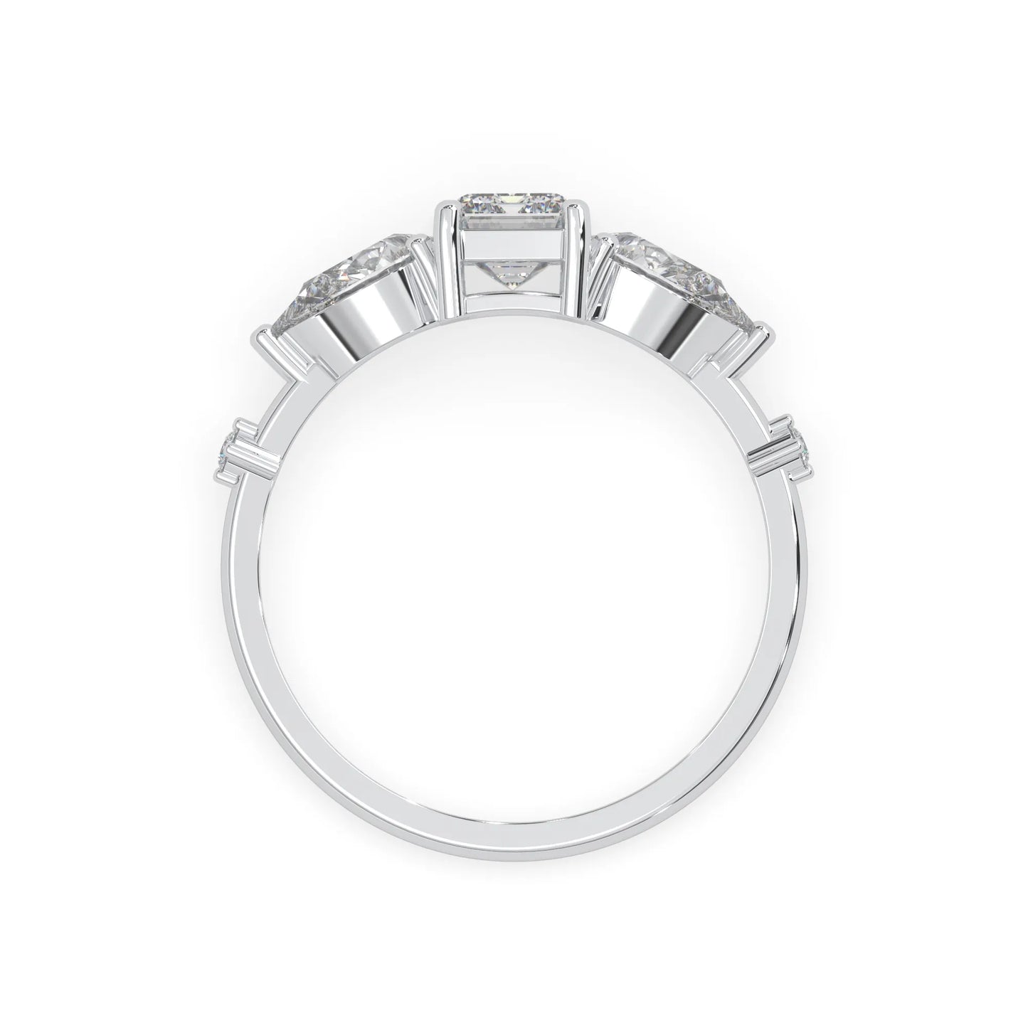Emerald cut lab grown diamond engagement ring with pear and round diamond three stone design in white gold