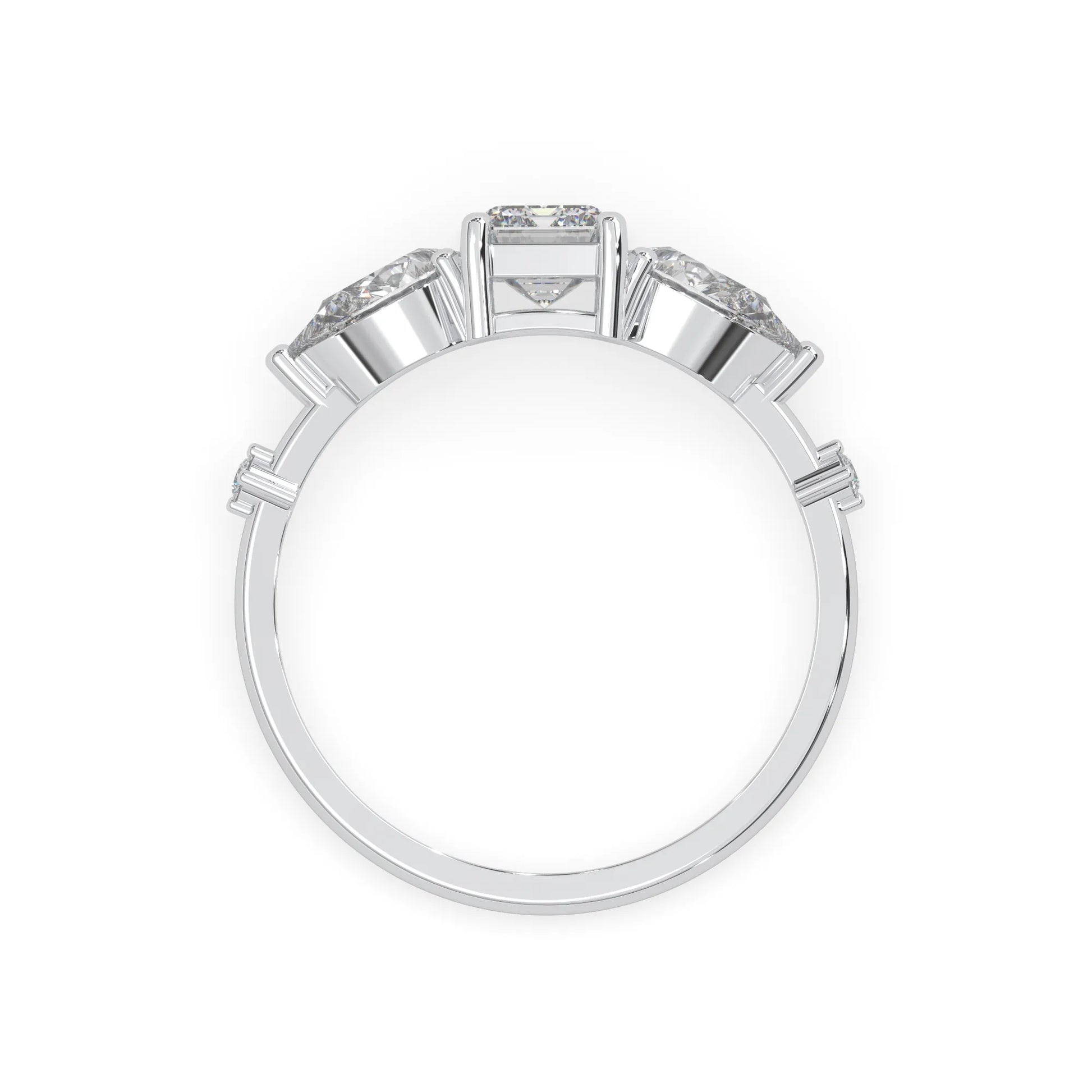 Emerald cut lab grown diamond engagement ring with pear and round diamond three stone design in white gold