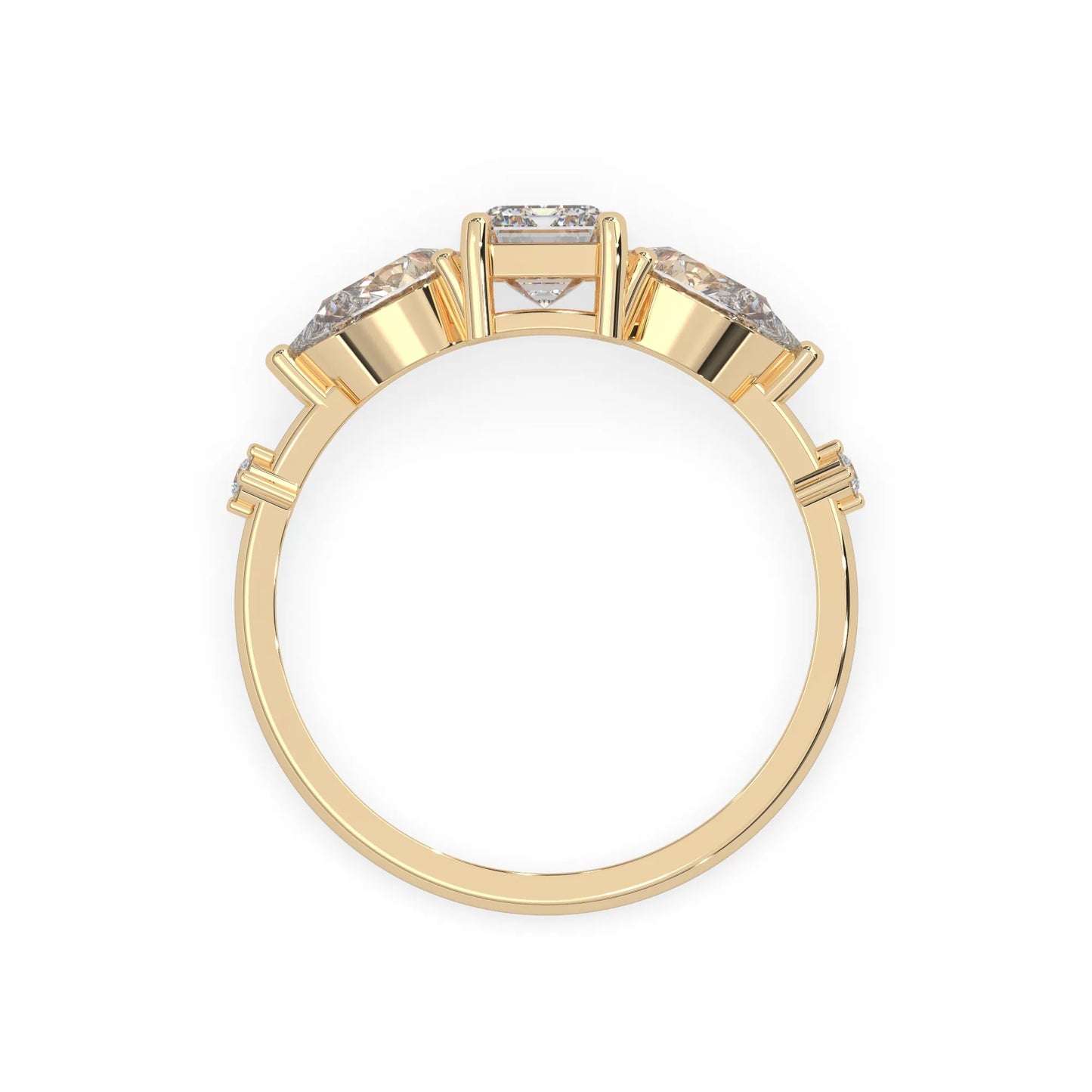 Emerald cut lab grown diamond engagement ring with pear and round diamond three stone design in yellow gold
