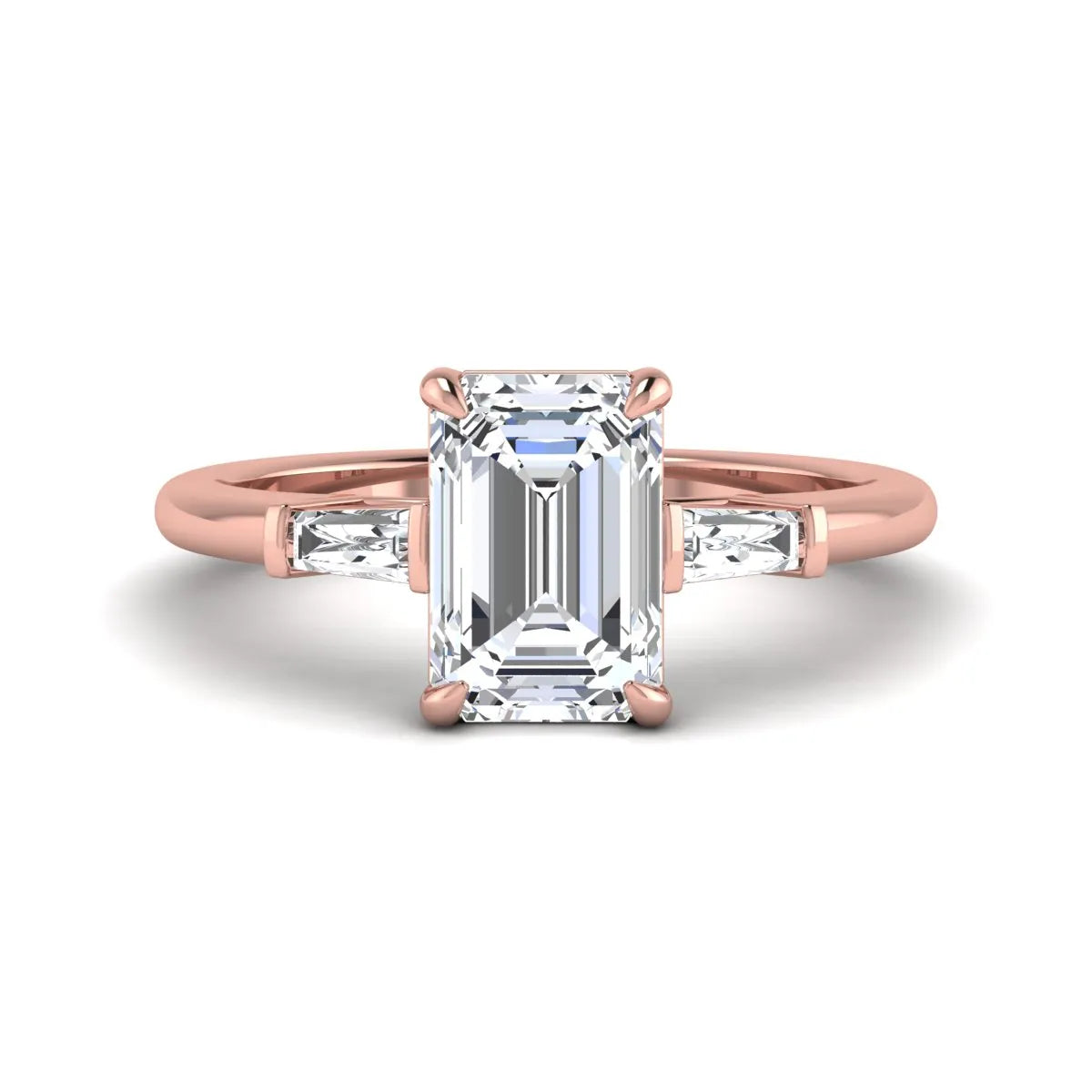 IGI Certified 2.20 carat emerald cut lab grown diamond engagement ring with tapered baguette side diamonds in rose gold.