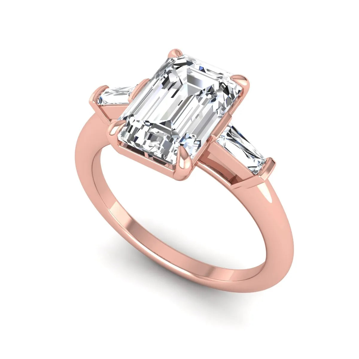 IGI Certified 2.20 carat emerald cut lab grown diamond engagement ring with tapered baguette side diamonds in rose gold.